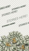 Vertical stories template with heap of money. Pile of 100 dollar bills, stacks, wads, gold dollar sign. Social media story size. Layout for advertisement with copy space. Detailed illustration vector