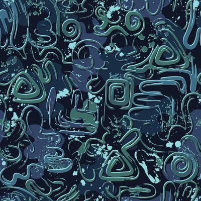 Seamless blue camouflage pattern with abstract wavy shapes, swirls, twirls, paint brush strokes, blots, spattered paint. Dense random composition. Grunge texture