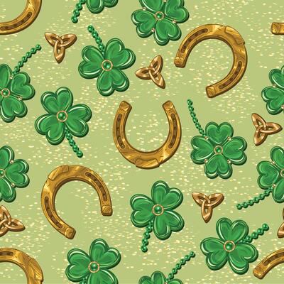 St Patricks day seamless pattern with clover, lucky shamrock, Triskele Celtic knot, golden dust, horseshoe amulet. Vintage festive illustration for prints, textile, surface design
