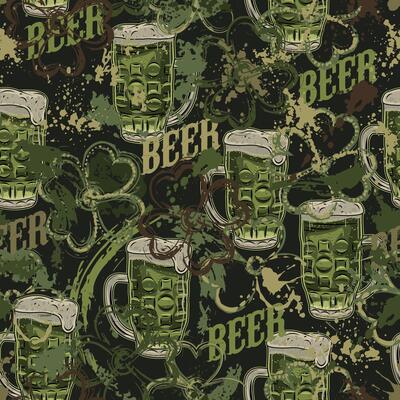 Green grunge camouflage pattern with beer, abstract paint splatter, smudges., brushstrokes, blots. Random chaotic composition for Patricks Day. Good for apparel, clothing, fabric, textile, sport goods