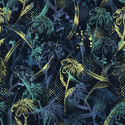 Seamless blue camouflage pattern with chamomile flower,grunge paint brush strokes, paint splatter, smudge, halftone shapes. Good for apparel, fabric, textile, sport goods. Grunge texture