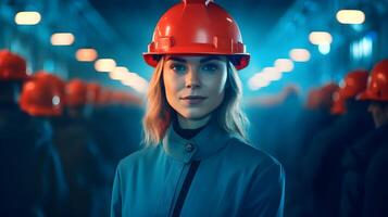AI generated caucasian woman in hard among many workers in an industrial warehouse, neural network generated photorealistic image photo