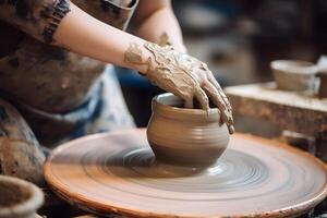 AI generated master is working on a potter's wheel, in an apron, in the style of muted, earthy tones, neural network generated photorealistic image photo