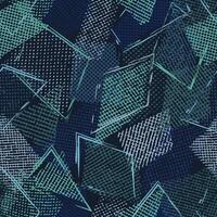 Seamless blue camouflage pattern with random scattered overlapping tulle pieces, patches, outline geometric shapes. Random composition. For apparel, fabric, textile, sport goods Grunge texture vector