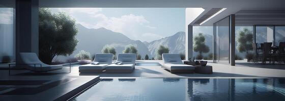 AI generated modern luxury lounge and pool area in the style of french landscaping, neural network generated photorealistic image photo