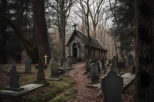 AI generated scary old abandoned graveyard and church in the woods at cloudy autumnal day, neural network generated photorealistic image photo