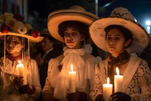 AI generated Three women with Catrina costumes and with skull make-up holding candles at the parade for dia de los muertos, neural network generated image photo