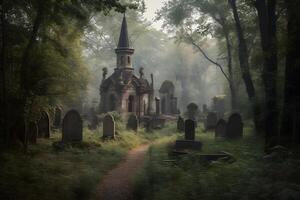 AI generated scary old abandoned graveyard and church in the woods at cloudy day, neural network generated photorealistic image photo