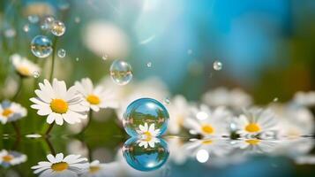 AI generated Spring motive light background and wallpaper with chamomiles, soap bubbles and bokeh, neural network generated photorealistic image photo