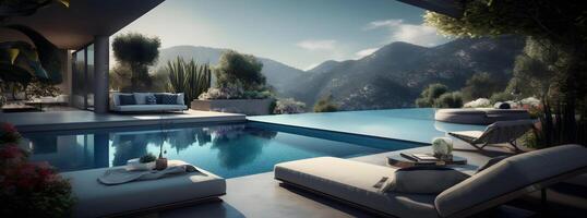 AI generated modern luxury lounge and pool area in the style of french landscaping, neural network generated photorealistic image photo
