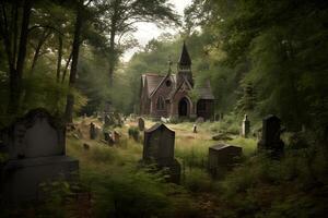 AI generated scary old abandoned graveyard and church in the woods at cloudy day, neural network generated photorealistic image photo