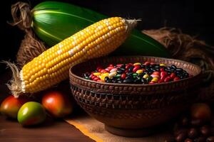 AI generated Kwanzaa - afro-american holiday. Corn bowl and harvest on black background, neural network generated photorealistic image photo