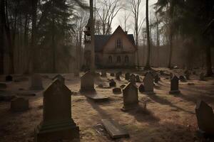 AI generated scary old abandoned graveyard and church in the woods at cloudy autumnal day, neural network generated photorealistic image photo