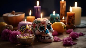 AI generated ornate sugar scull with candles and flowers for Dia de los muertos or day of the dead celebration, neural network generated image photo