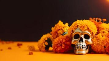 AI generated Dia De Los Muertos or Day of the Dead golden scull and flowers on yellow surface with black background with copy space, neural network generated image photo