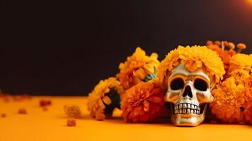 AI generated Dia De Los Muertos or Day of the Dead golden scull and flowers on yellow surface with black background with copy space, neural network generated image photo