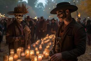 AI generated Two costumed cowboys with skull make-up in front of a table with candles at the event for dia de los muertos at night, neural network generated image photo