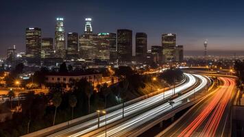 AI generated night cityscape skyline view of downtown Los Angeles style western city, neural network generated photorealistic image photo