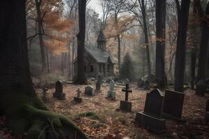 AI generated scary old abandoned graveyard and church in the woods at cloudy autumnal day, neural network generated photorealistic image photo