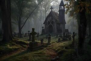 AI generated scary old abandoned graveyard and church in the woods at cloudy day, neural network generated photorealistic image photo