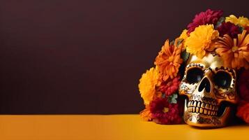 AI generated Dia De Los Muertos or Day of the Dead golden scull and yellow flowers on brown background with copy space, neural network generated image photo