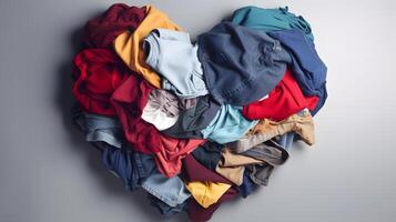 AI generated used clothes folded to form a heart on light grey background, neural network generated photorealistic image photo