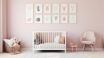 AI generated Bright white minimalist nursery wall with frames above cradle, neural network generated image photo