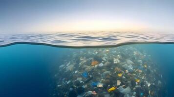 ai generado el plastico basura flotante en Oceano superficie a luz, neural red generado imagen foto