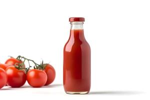 AI generated Glass bottle of tomato ketchup and some tomatoes isolated on white background, neural network generated image photo
