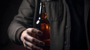 AI generated close up of caucasian man holding a brown bottle of beer in his hand on black background, neural network generated photorealistic image photo