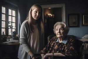 ai generado salud visitante y un mayor caucásico mujer durante hogar visita, neural red generado imagen foto