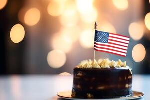 AI generated slice of cake with american flag with bokeh background, neural network generated image photo