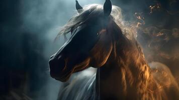 AI generated artisticly lit horse head with smoke and fumes on black background, neural network generated image photo