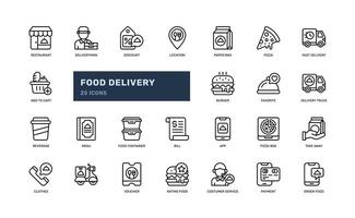 Food Delivery restaurant fast food service detailed outline line icon set vector