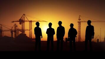 AI generated Silhouettes of engineer and construction team working at sunrise or sunset, neural network generated image photo