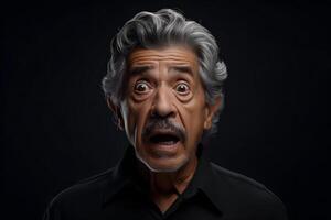 Surprised senior Latin American man on black background. Neural network generated photorealistic image. photo