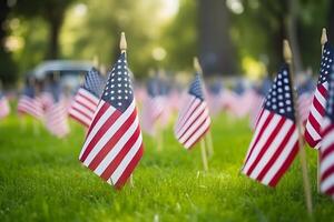 AI generated Memorial Day tribute. Many small American flags on a green lawn, neural network generated photorealistic image photo