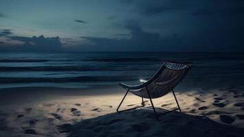 AI generated Empty beach chair on sand beach at night - summer vacation theme, neural network generated art photo