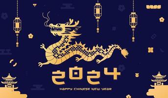 Illustration of 2024 Chinese New Year of the Dragon in geometric style. Golden Symbol of the Lunar New Year 2024 on a blue background. Vector Design for background, banners and posters