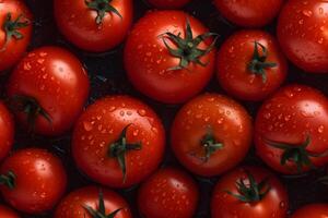 AI generated Fresh red tomatoes with water drops seamless closeup background and texture, neural network generated image photo