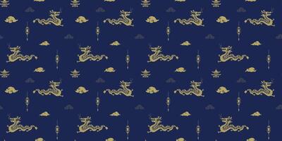 Seamless Pattern with Symbol of the Lunar New Year 2024 in geometric style on a dark blue background. Design for background, banners and posters. Vector Illustration