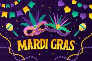 gradient mardi gras background illustration with mask, confetti, beads, and maracas vector