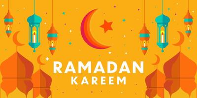 flat design ramadan kareem horizontal banner illustration with mosque, lanterns, moon, and stars vector