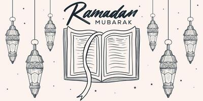 ramadan mubarak background illustration in hand drawn style with holy books and lanterns vector