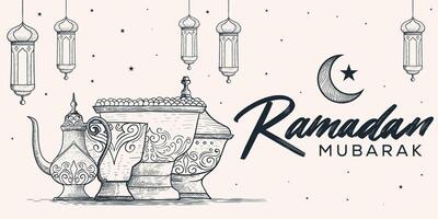 hand drawn ramadan mubarak horizontal banner with Arabic ornament vector