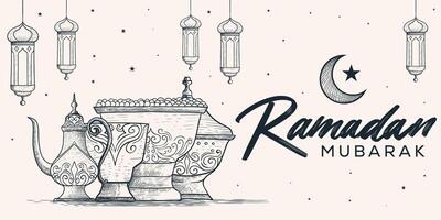 hand drawn ramadan mubarak horizontal banner with Arabic ornament vector