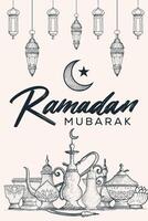 ramadan mubarak vertical banner with arabic ornament in hand drawn style vector