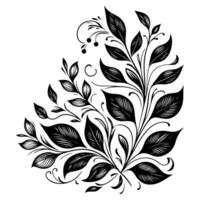 AI generated hand draw of beautiful floral ornament with leaves and abstract black lines monochrome Contour Flower. Floral Design Element vector