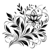 AI generated hand draw of beautiful floral ornament with leaves and abstract black lines monochrome Contour Flower. Floral Design Element vector