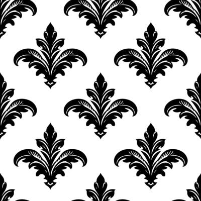 Damask Fabric textile seamless pattern Luxury decorative  Ornamental floral divider Black line vintage decoration element white Background. Curtain, carpet, wallpaper, clothing, wrapping, textile